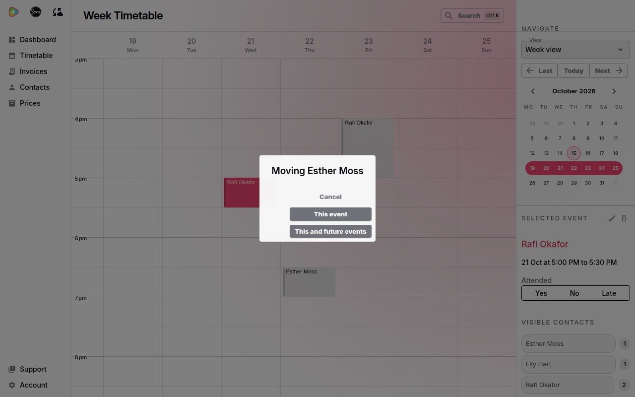 The Moving Esther Moss dialog with Cancel, This event and This and future events buttons