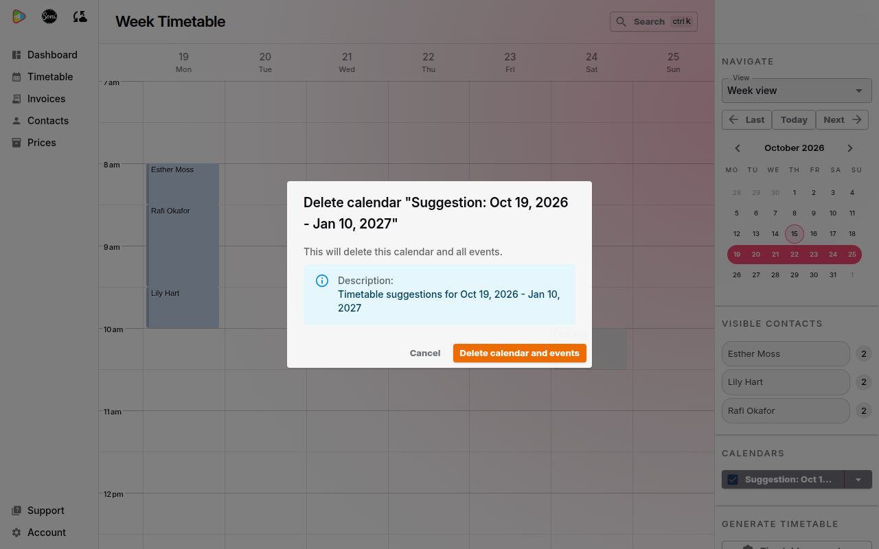 The Delete calendar dialog with the button Delete calendar and events
