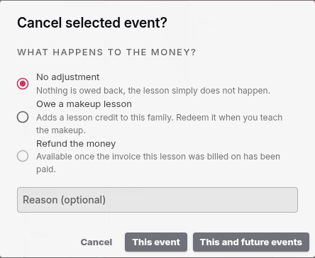 The Cancel selected event dialog with the What happens to the money options