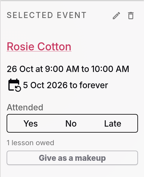 The Selected Event panel for Rosie Cotton showing 1 lesson owed and the Give as a makeup button