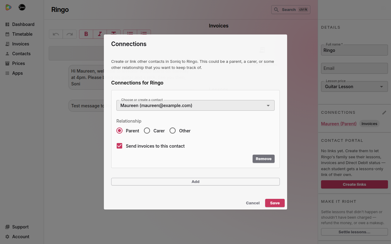 The Connections dialog for Ringo, with Maureen as a Parent, Send invoices to this contact ticked, and a Remove button