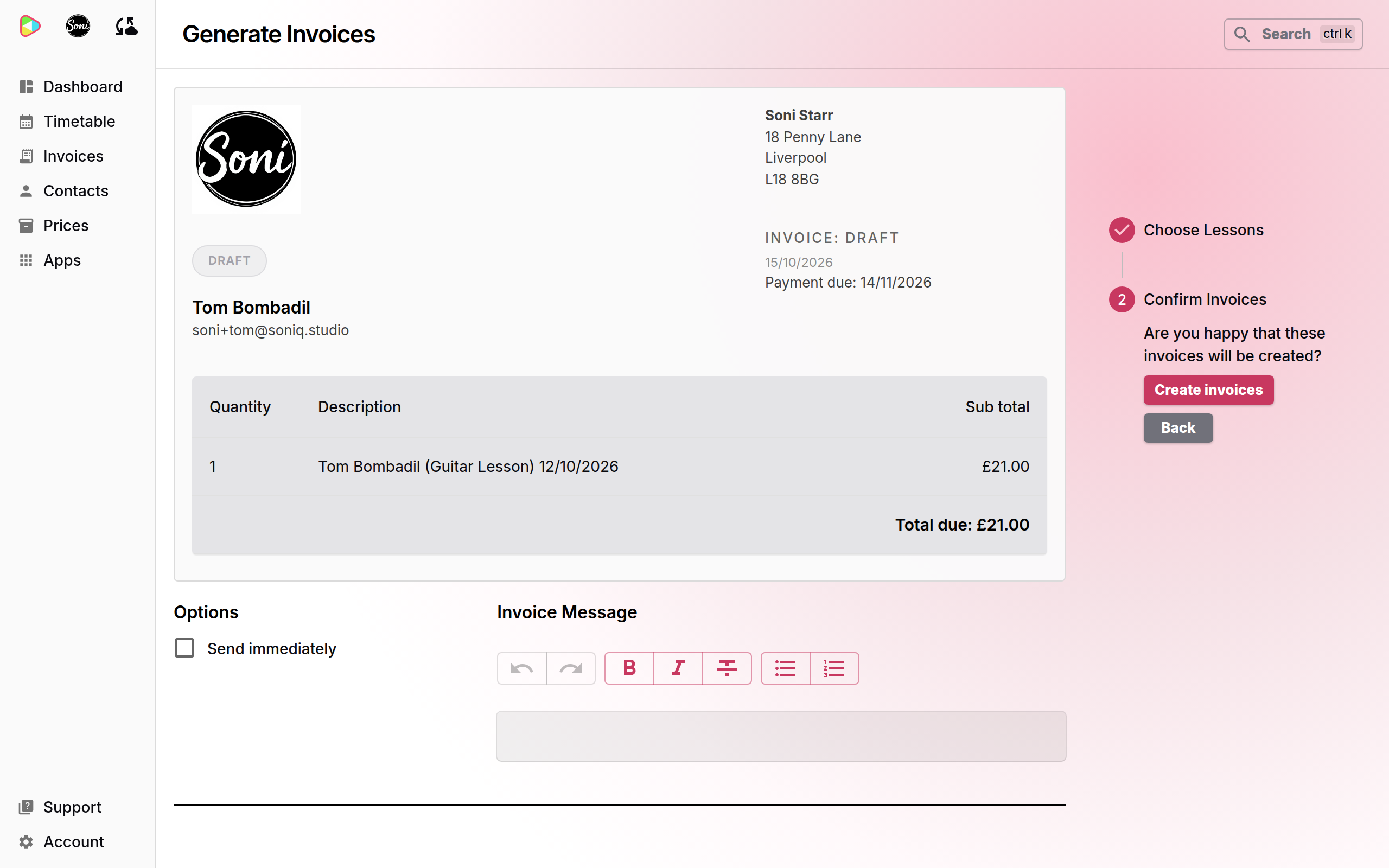 The invoice preview for Tom Bombadil, with Send immediately, Invoice Message and the Create invoices button