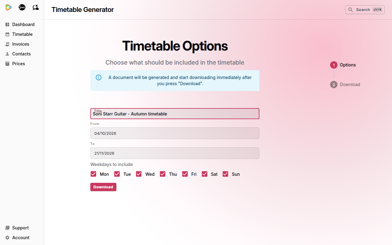The Timetable Options page with Title, From, To, Weekdays to include and a Download button