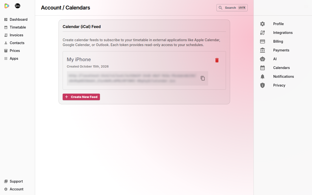 A calendar feed called My iPhone, created October 15th, with its web address and a copy icon