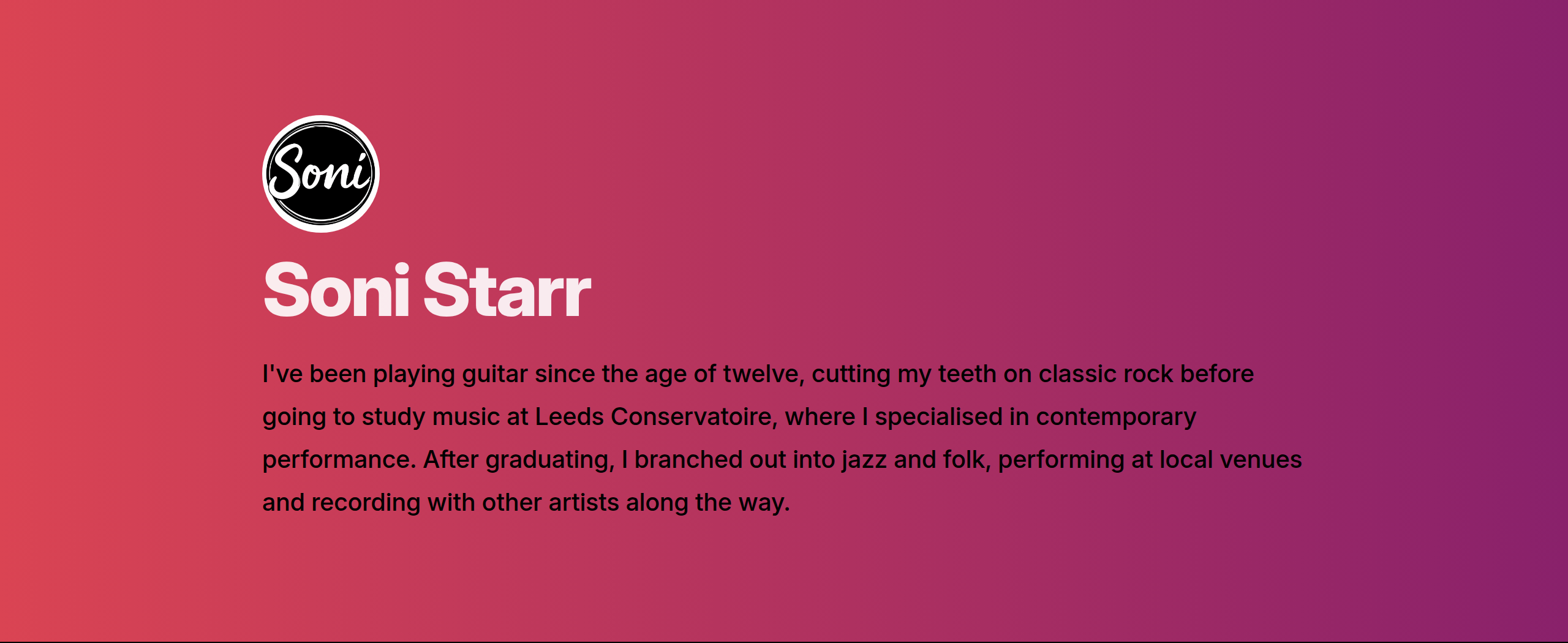 Soni Starr’s public profile page with the Soni logo, the name Soni Starr and the About you text