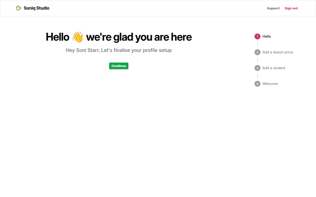 The welcome screen says “Hey Soni Starr, Let’s finalise your profile setup” with a green Continue button and four steps listed on the right