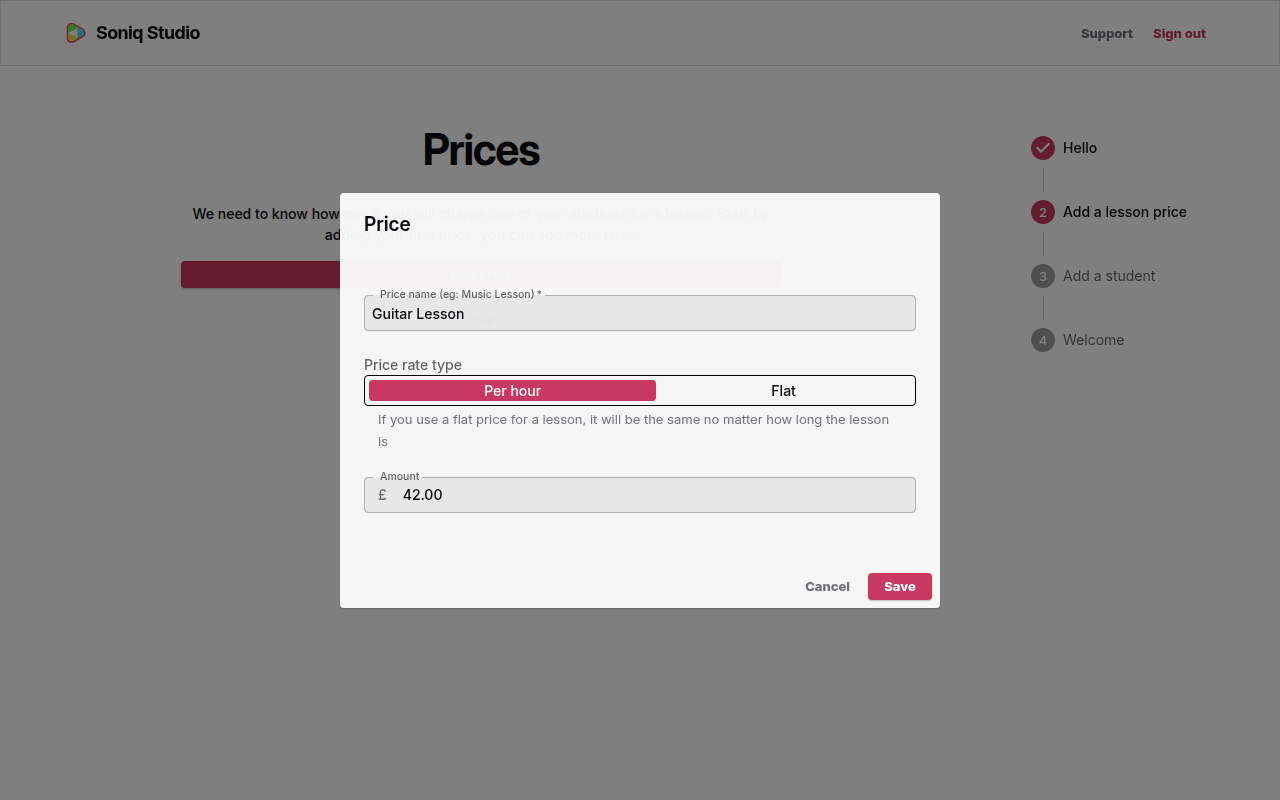 The Price dialog with the name Guitar Lesson, Per hour selected, and an amount of £42.00